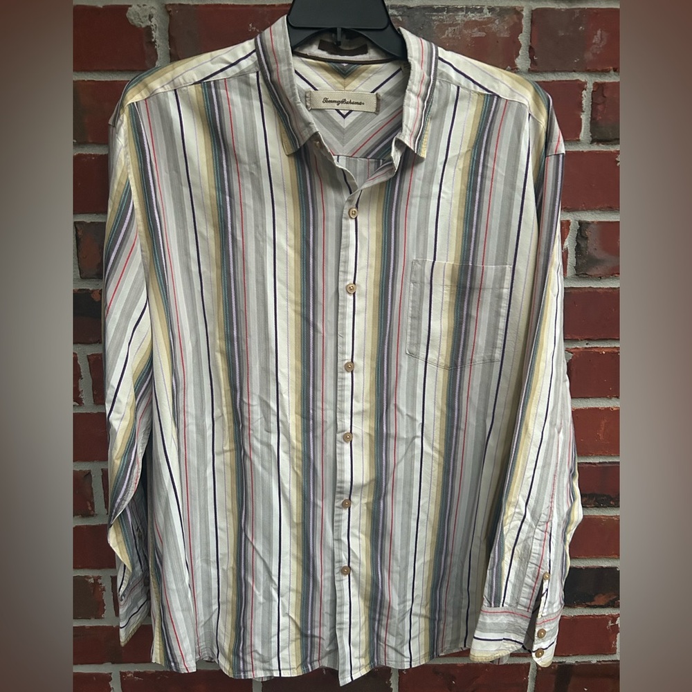 Tommy Bahama Mens Long Sleeve Button Down Multicolored Silk XXL Striped Shirt B3